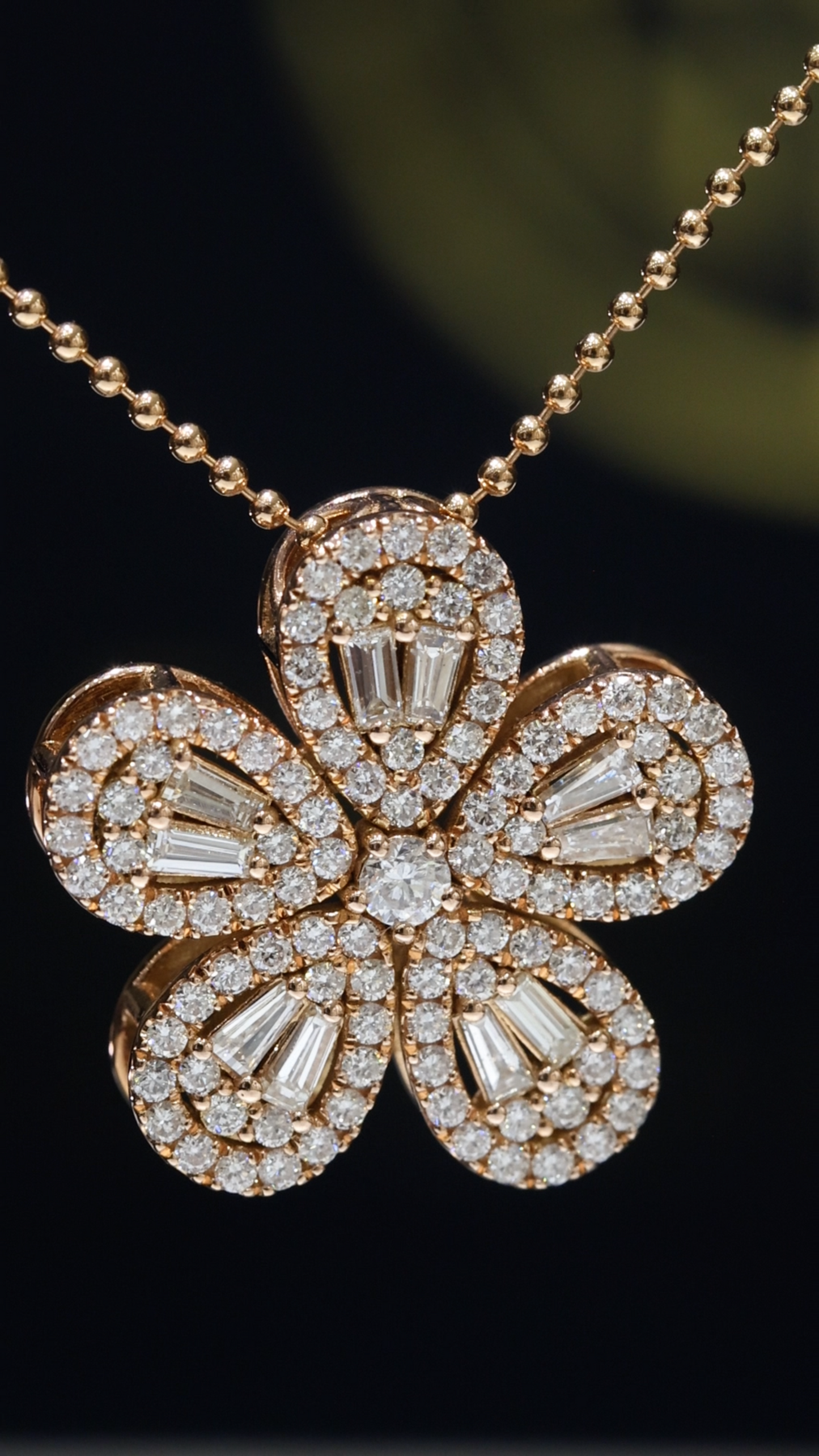 Natural Diamond Floral Pendant Necklace in Rose Gold | Vintage Petal Halo Design