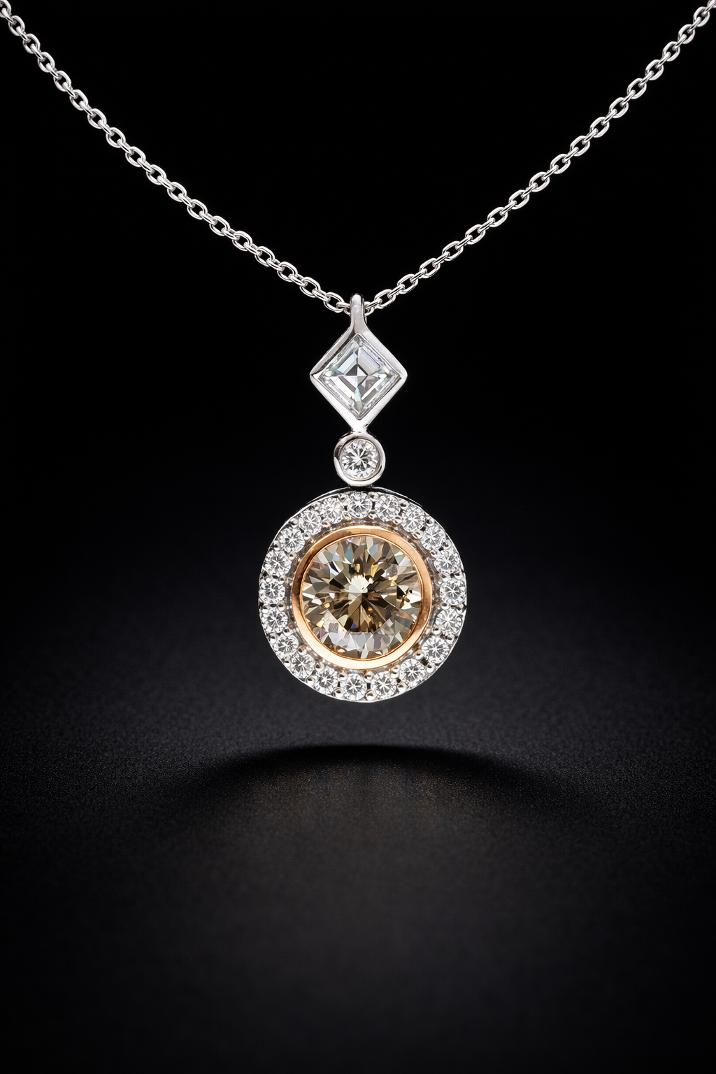 Cognac Diamond Halo Drop Necklace 14K White Gold | 1.25 CT Center