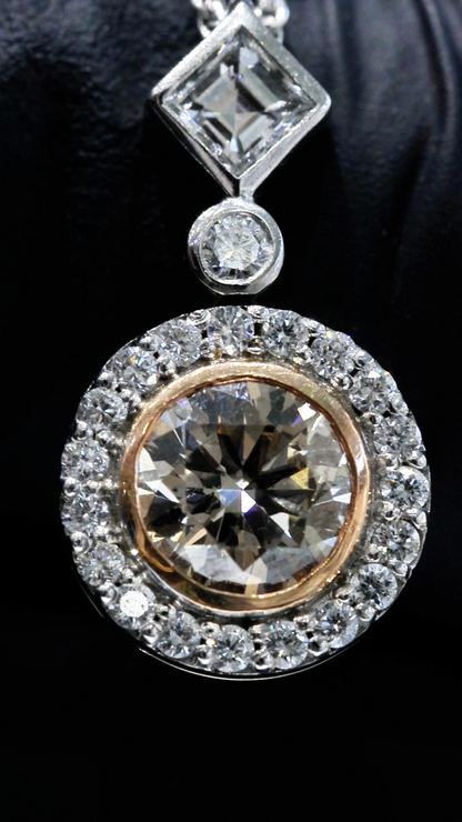 Cognac Diamond Halo Drop Necklace 14K White Gold | 1.25 CT Center