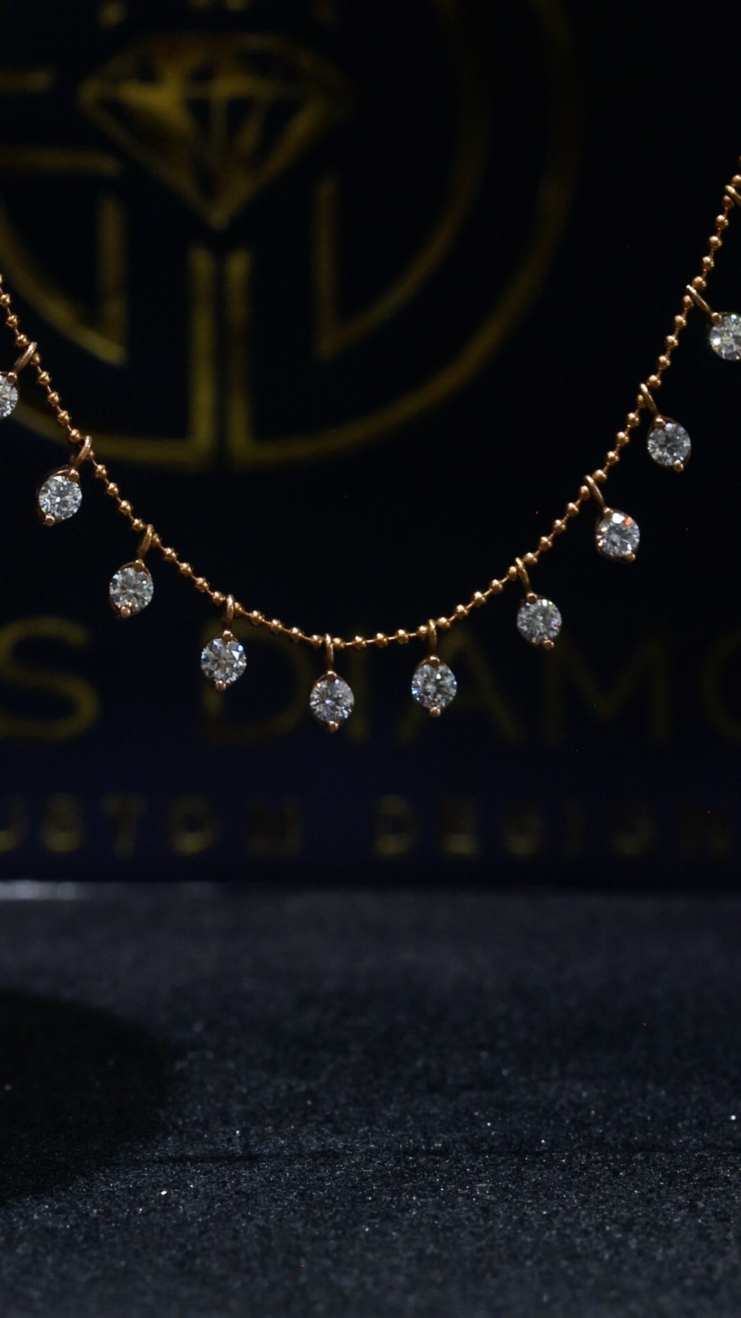 Round Diamond Drop Station Necklace in Rose Gold | Dangling Bezel Design