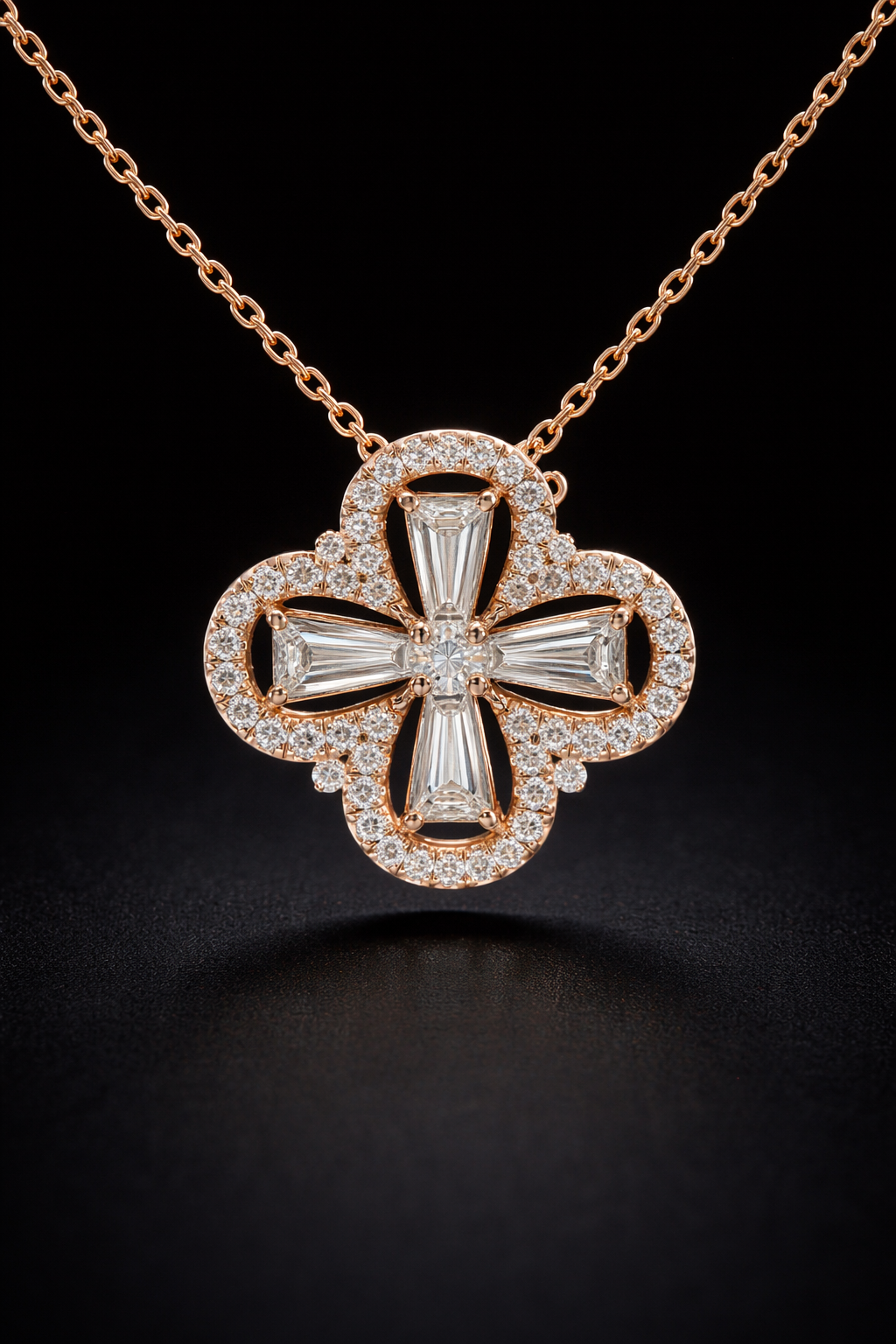 Round & Baguette Diamond Clover Necklace in Rose Gold | Halo Cross Design