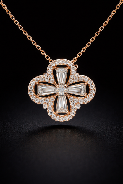 Round & Baguette Diamond Clover Necklace in Rose Gold | Halo Cross Design