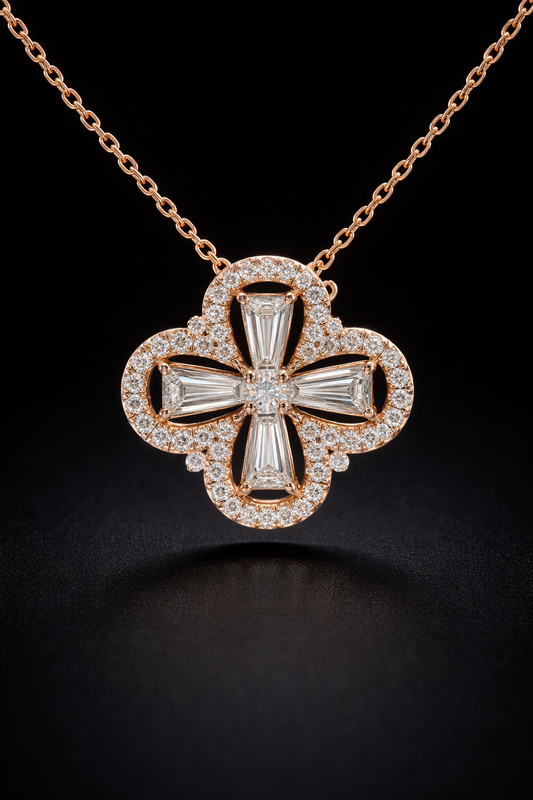 Round & Baguette Diamond Clover Necklace in Rose Gold | Halo Cross Design