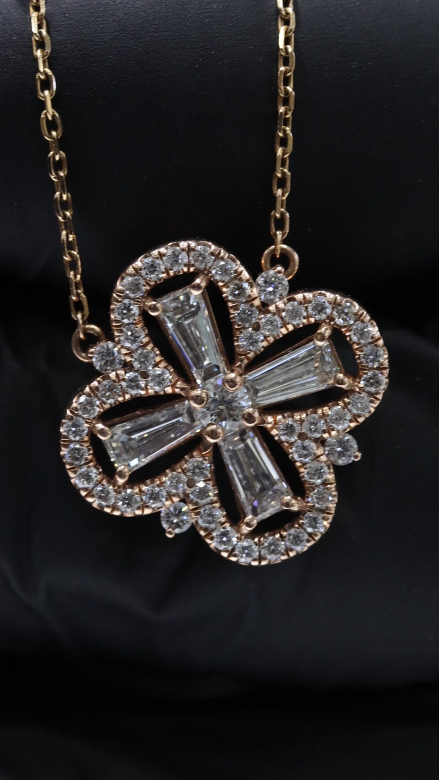 Round & Baguette Diamond Clover Necklace in Rose Gold | Halo Cross Design