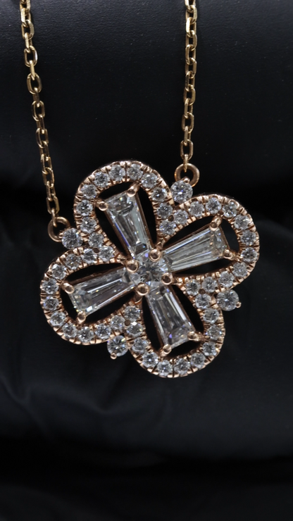 Round & Baguette Diamond Clover Necklace in Rose Gold | Halo Cross Design
