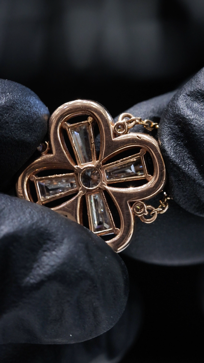 Round & Baguette Diamond Clover Necklace in Rose Gold | Halo Cross Design