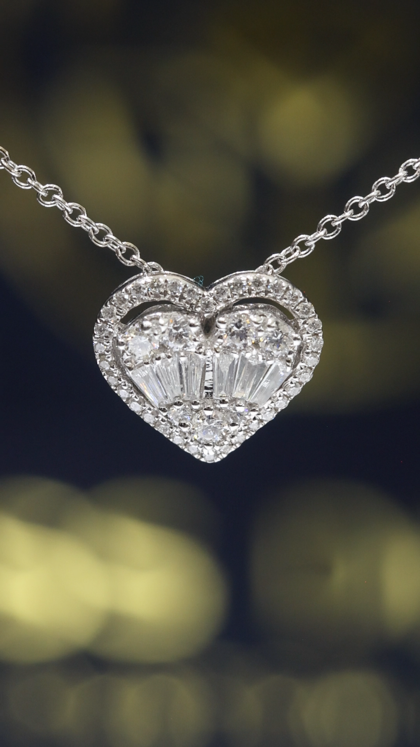Natural Diamond Heart Pendant Necklace in White Gold | Baguette & Round Diamond Cluster Design