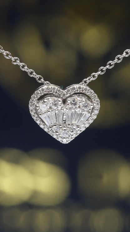 Natural Diamond Heart Pendant Necklace in White Gold | Baguette & Round Diamond Cluster Design