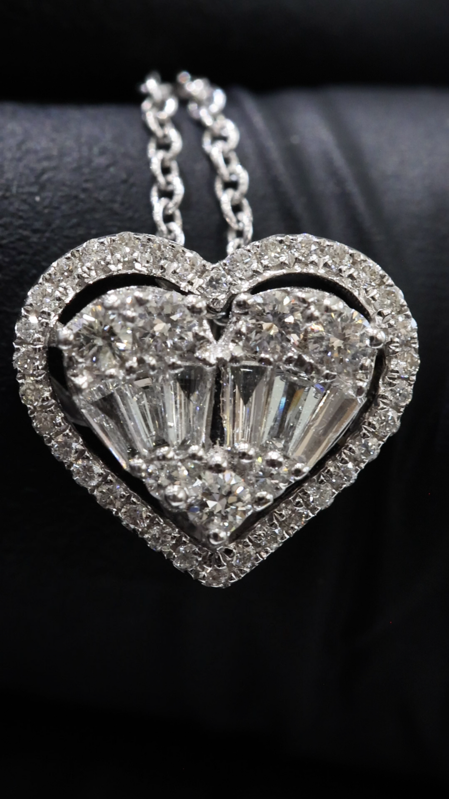 Natural Diamond Heart Pendant Necklace in White Gold | Baguette & Round Diamond Cluster Design