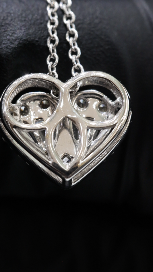 Natural Diamond Heart Pendant Necklace in White Gold | Baguette & Round Diamond Cluster Design