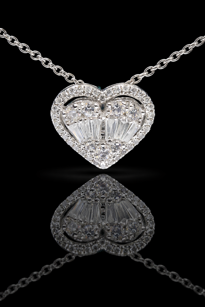 Natural Diamond Heart Pendant Necklace in White Gold | Baguette & Round Diamond Cluster Design