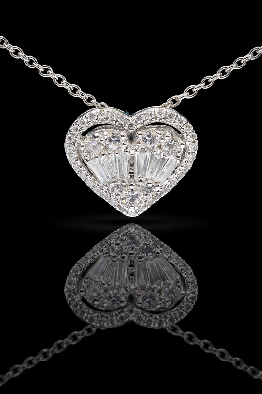 Natural Diamond Heart Pendant Necklace in White Gold | Baguette & Round Diamond Cluster Design