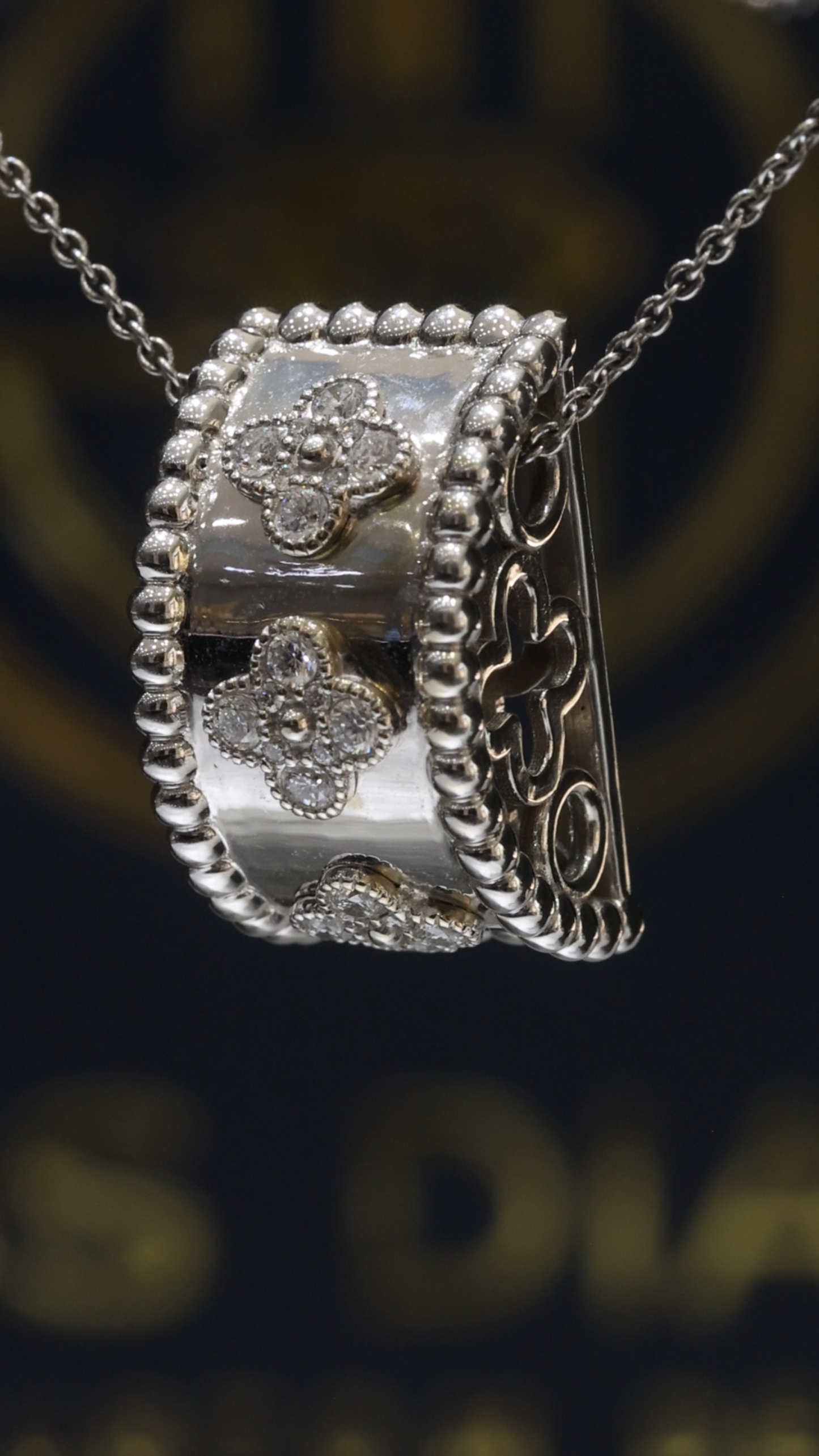 Natural Diamond Clover Cushion Pendant Necklace in 14K White Gold | Beaded Frame Design