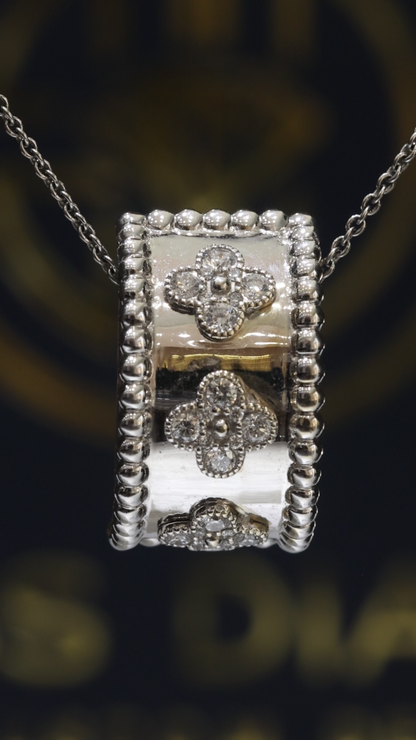 Natural Diamond Clover Cushion Pendant Necklace in 14K White Gold | Beaded Frame Design