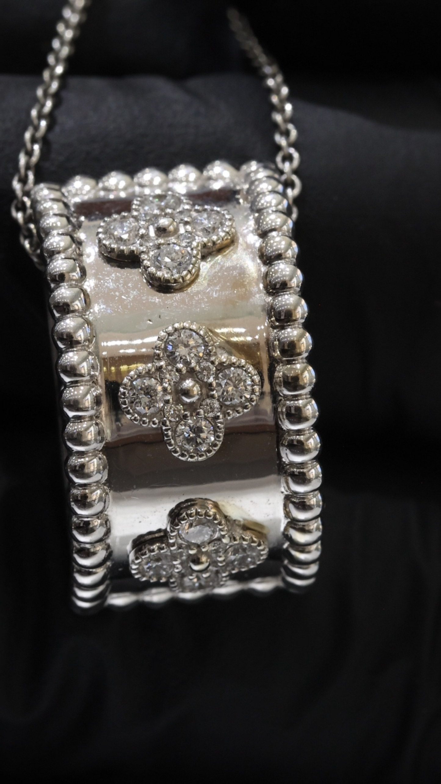 Natural Diamond Clover Cushion Pendant Necklace in 14K White Gold | Beaded Frame Design