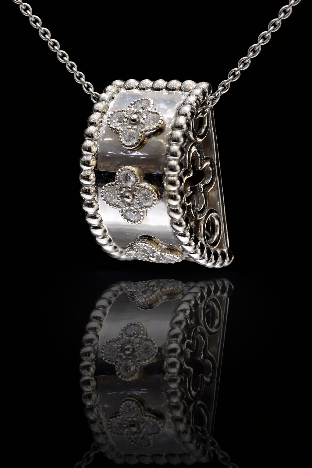 Natural Diamond Clover Cushion Pendant Necklace in 14K White Gold | Beaded Frame Design