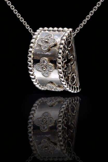 Natural Diamond Clover Cushion Pendant Necklace in 14K White Gold | Beaded Frame Design