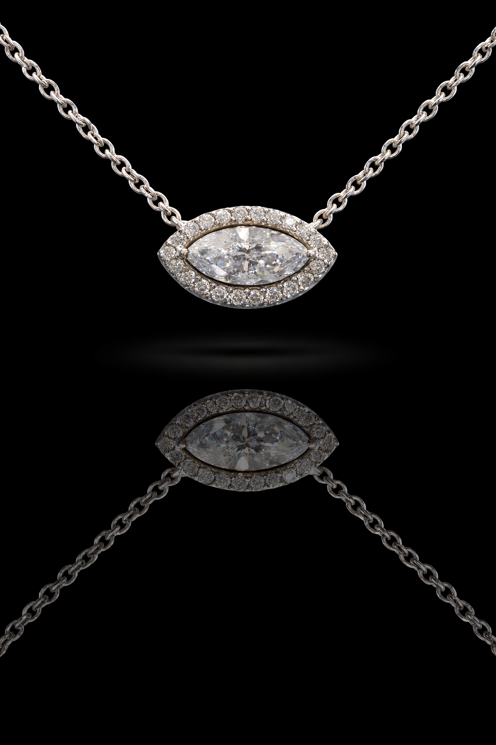 Natural Diamond Marquise Halo Pendant Necklace in White Gold | Open Gallery Design