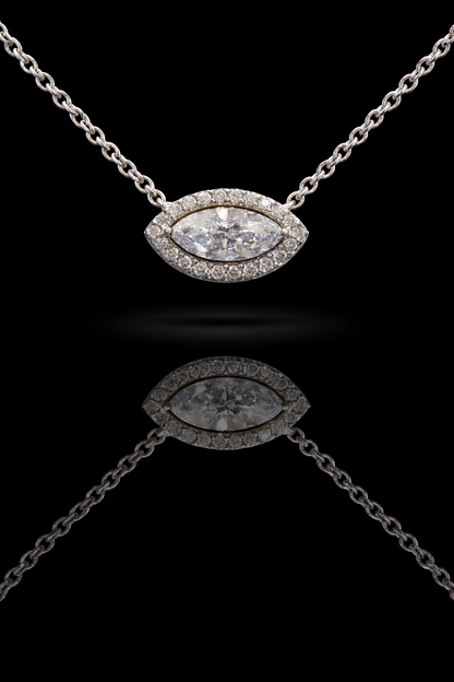 Natural Diamond Marquise Halo Pendant Necklace in White Gold | Open Gallery Design