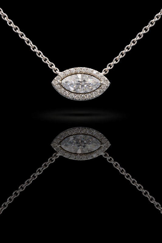 Natural Diamond Marquise Halo Pendant Necklace in White Gold | Open Gallery Design