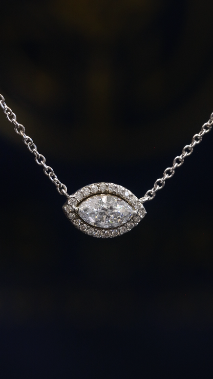 Natural Diamond Marquise Halo Pendant Necklace in White Gold | Open Gallery Design