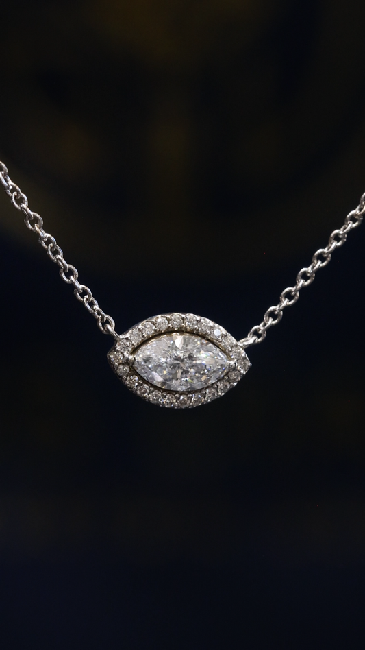 Natural Diamond Marquise Halo Pendant Necklace in White Gold | Open Gallery Design