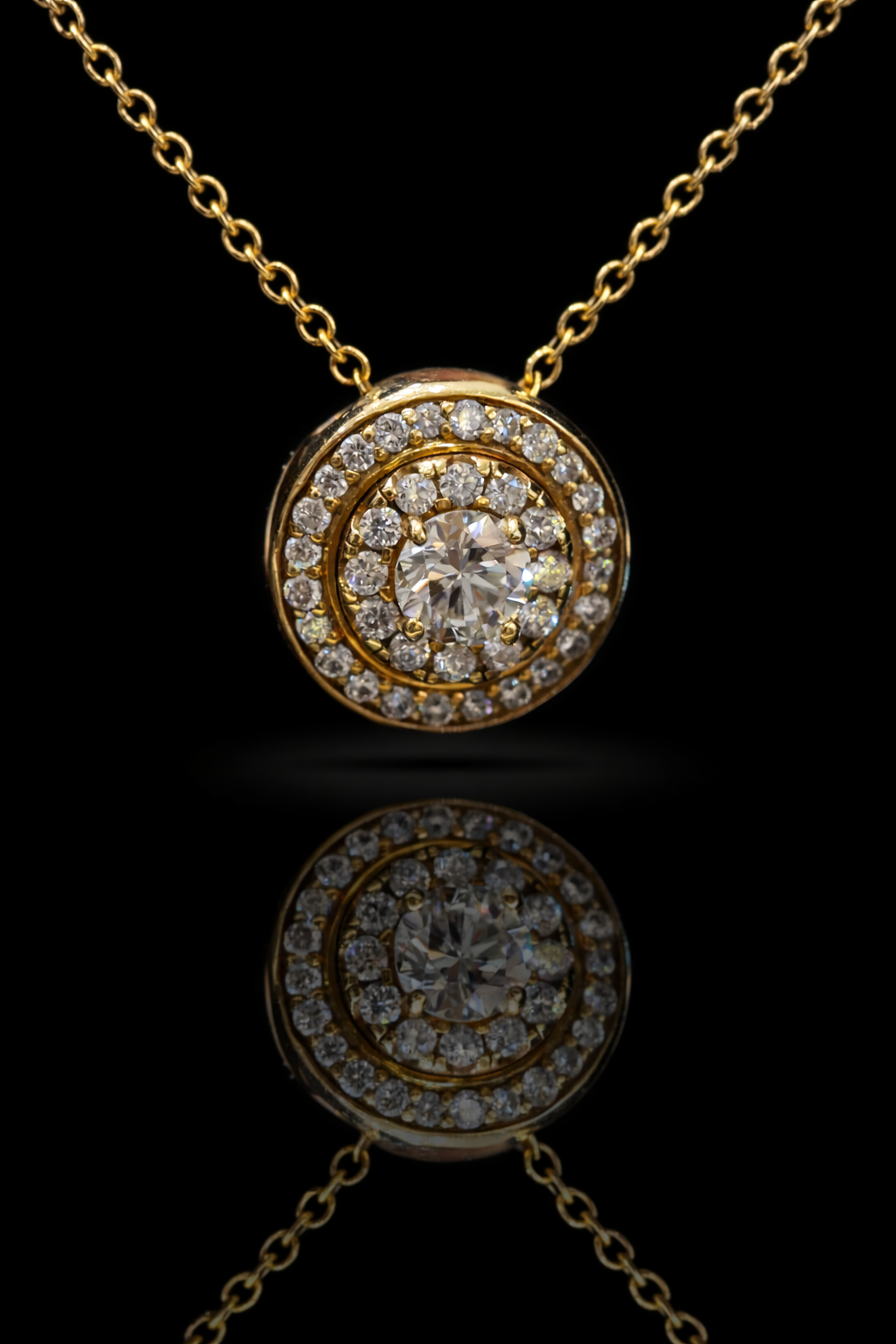 Natural Diamond Double Halo Pendant Necklace in Yellow Gold | Floral Back Gallery Design
