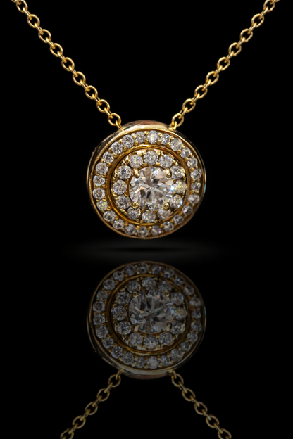 Natural Diamond Double Halo Pendant Necklace in Yellow Gold | Floral Back Gallery Design