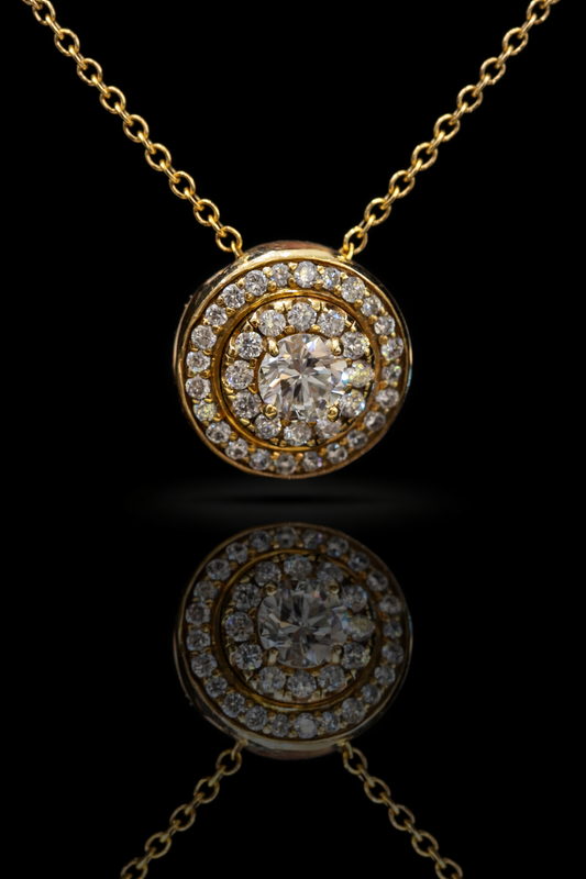 Natural Diamond Double Halo Pendant Necklace in Yellow Gold | Floral Back Gallery Design