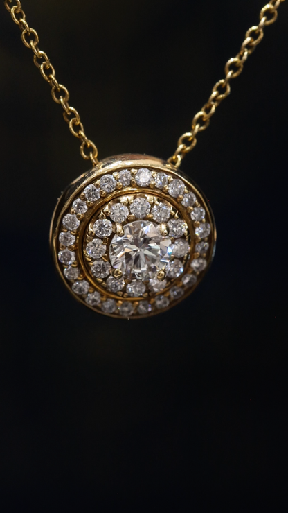 Natural Diamond Double Halo Pendant Necklace in Yellow Gold | Floral Back Gallery Design