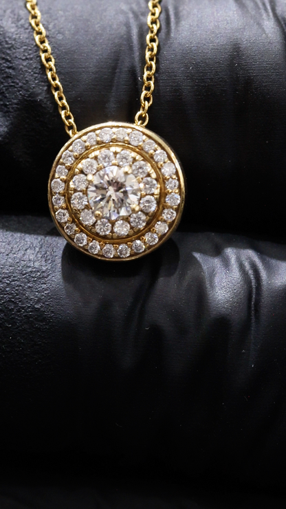 Natural Diamond Double Halo Pendant Necklace in Yellow Gold | Floral Back Gallery Design