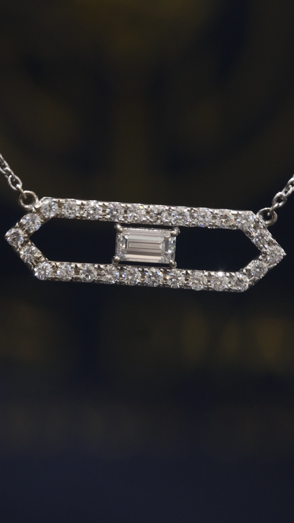 Natural Diamond Geometric Bar Pendant Necklace In White Gold | Emerald-Cut Center Design