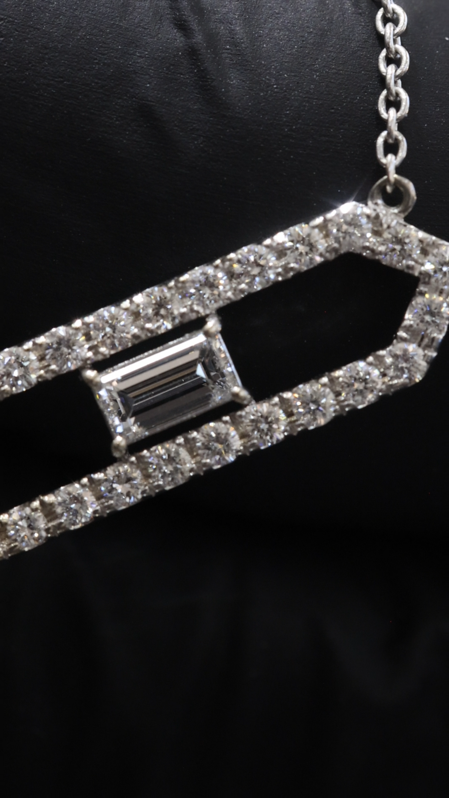 Natural Diamond Geometric Bar Pendant Necklace In White Gold | Emerald-Cut Center Design