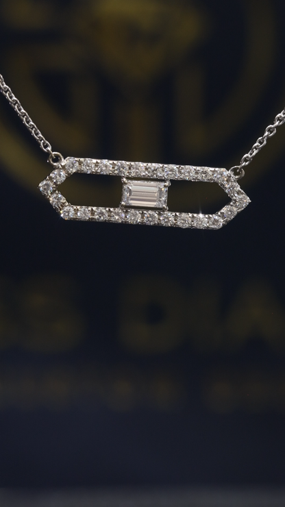 Natural Diamond Geometric Bar Pendant Necklace In White Gold | Emerald-Cut Center Design