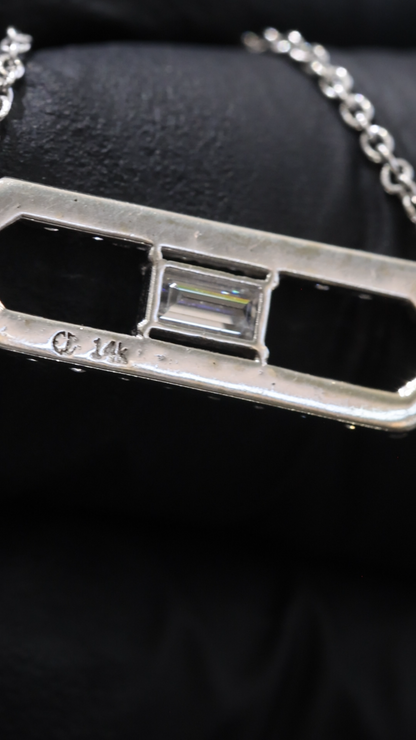 Natural Diamond Geometric Bar Pendant Necklace In White Gold | Emerald-Cut Center Design