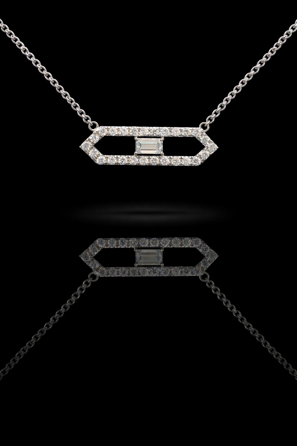 Natural Diamond Geometric Bar Pendant Necklace In White Gold | Emerald-Cut Center Design