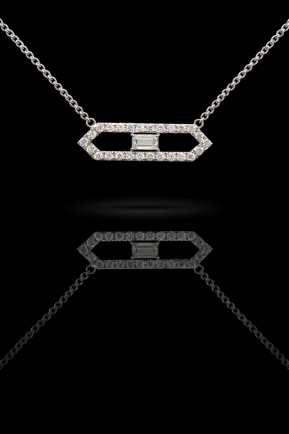 Natural Diamond Geometric Bar Pendant Necklace In White Gold | Emerald-Cut Center Design