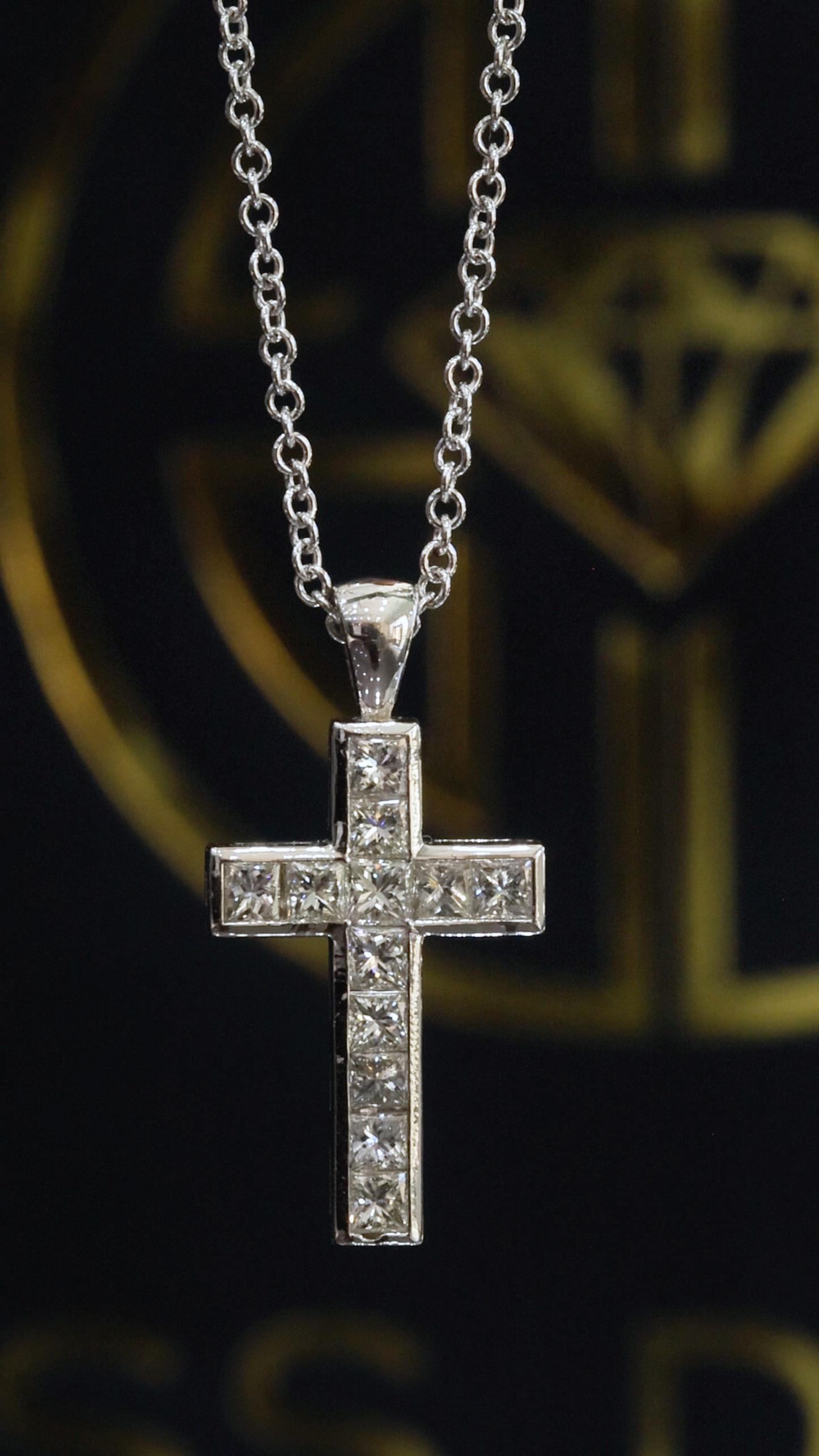 Natural Diamond Cross Pendant Necklace in 14K White Gold | Princess Cut Channel Setting