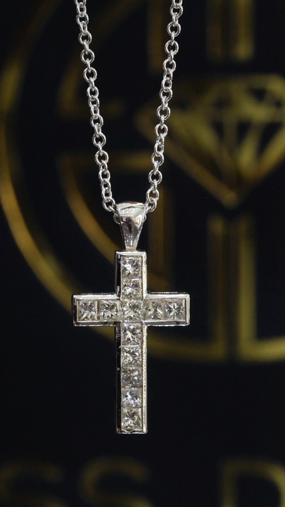 Natural Diamond Cross Pendant Necklace in 14K White Gold | Princess Cut Channel Setting