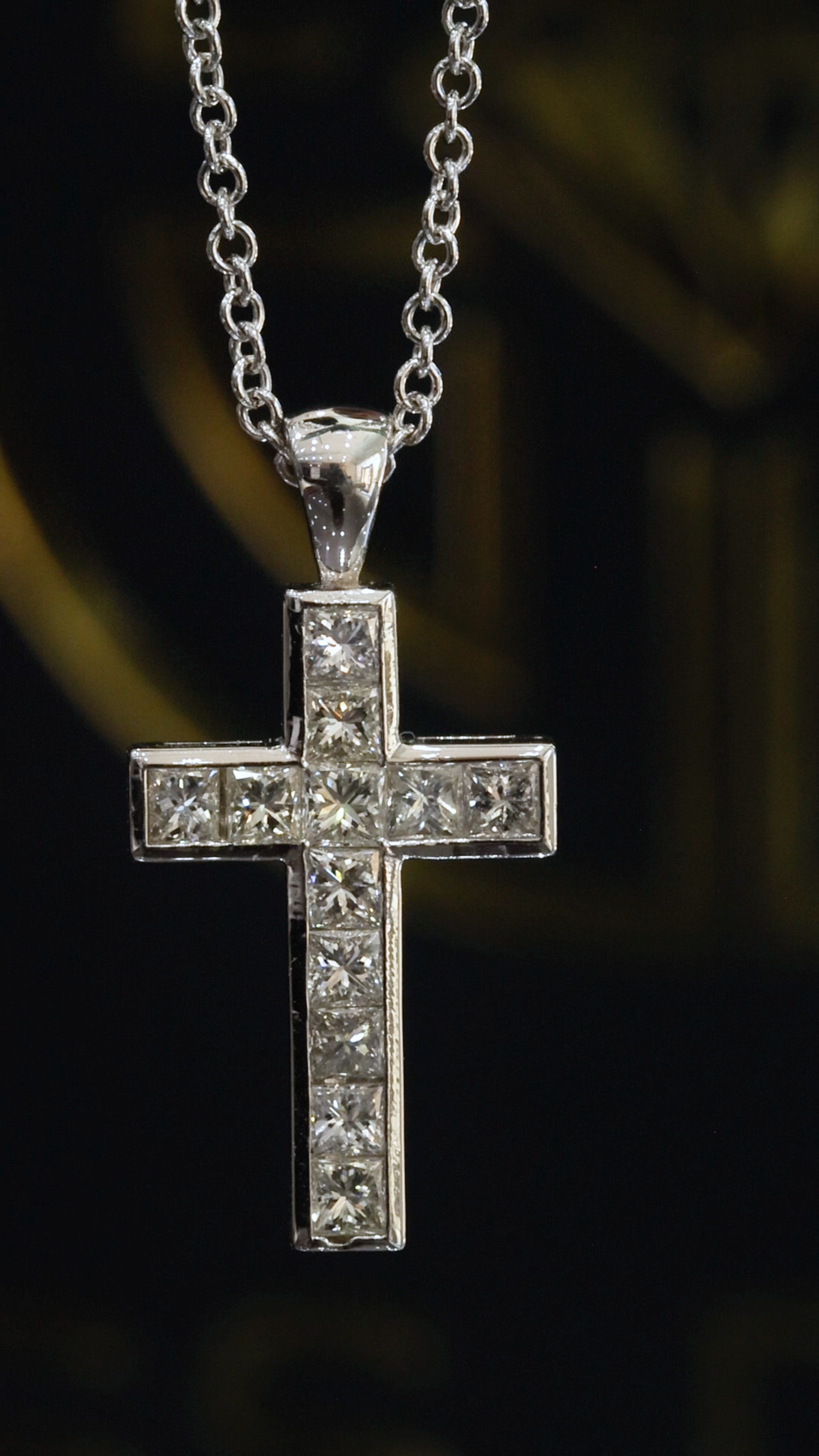 Natural Diamond Cross Pendant Necklace in 14K White Gold | Princess Cut Channel Setting