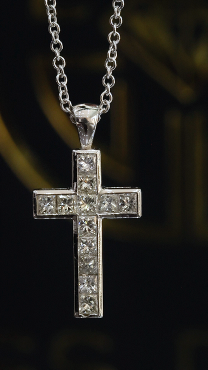Natural Diamond Cross Pendant Necklace in 14K White Gold | Princess Cut Channel Setting