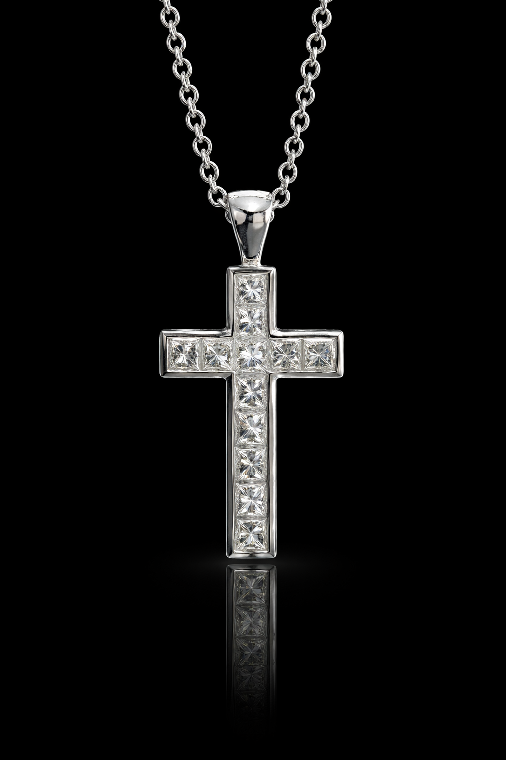 Natural Diamond Cross Pendant Necklace in 14K White Gold | Princess Cut Channel Setting