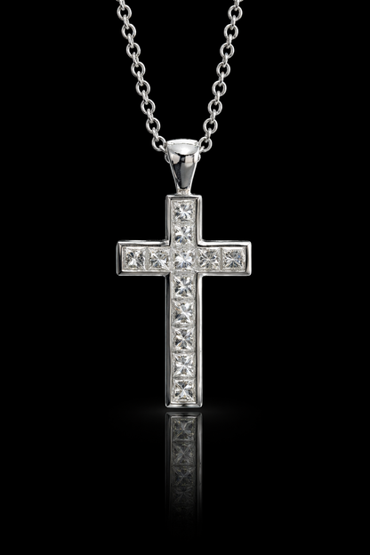 Natural Diamond Cross Pendant Necklace in 14K White Gold | Princess Cut Channel Setting