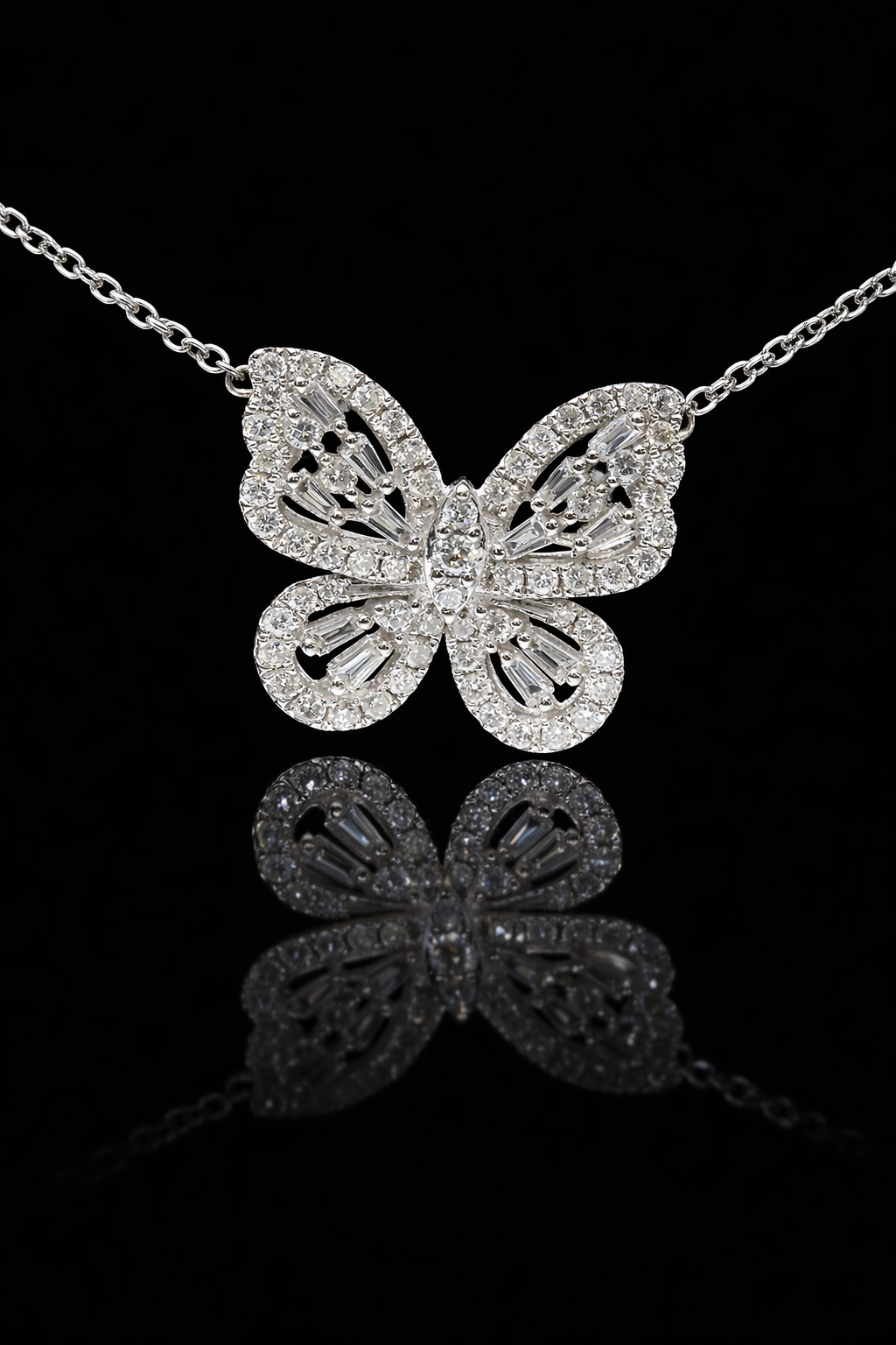 Natural Diamond Butterfly Necklace in White Gold | Pavé & Baguette Design