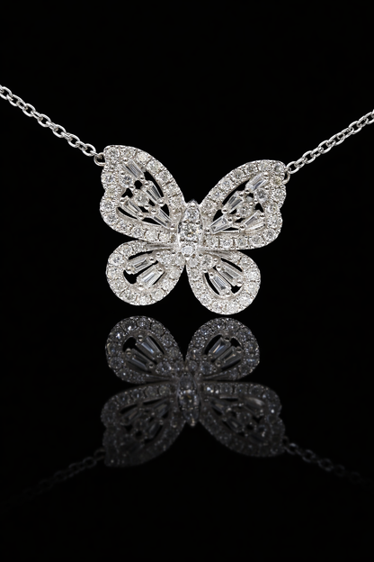 Natural Diamond Butterfly Necklace in White Gold | Pavé & Baguette Design