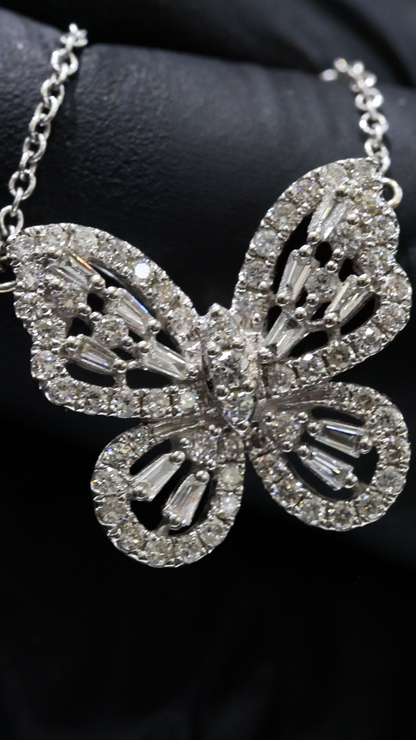 Natural Diamond Butterfly Necklace in White Gold | Pavé & Baguette Design