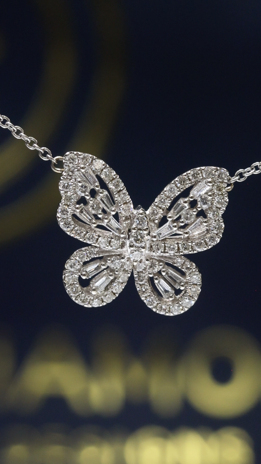 Natural Diamond Butterfly Necklace in White Gold | Pavé & Baguette Design