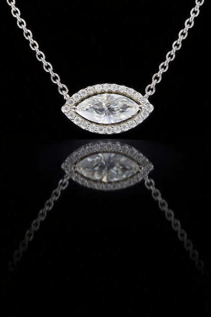 Natural Marquise Diamond Halo Necklace in White Gold | Floating Eye Design
