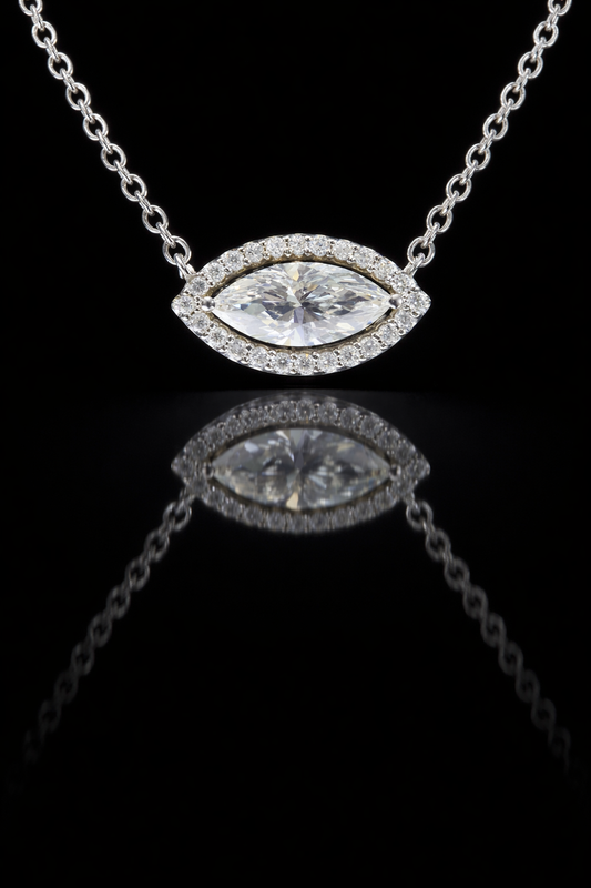Natural Marquise Diamond Halo Necklace in White Gold | Floating Eye Design