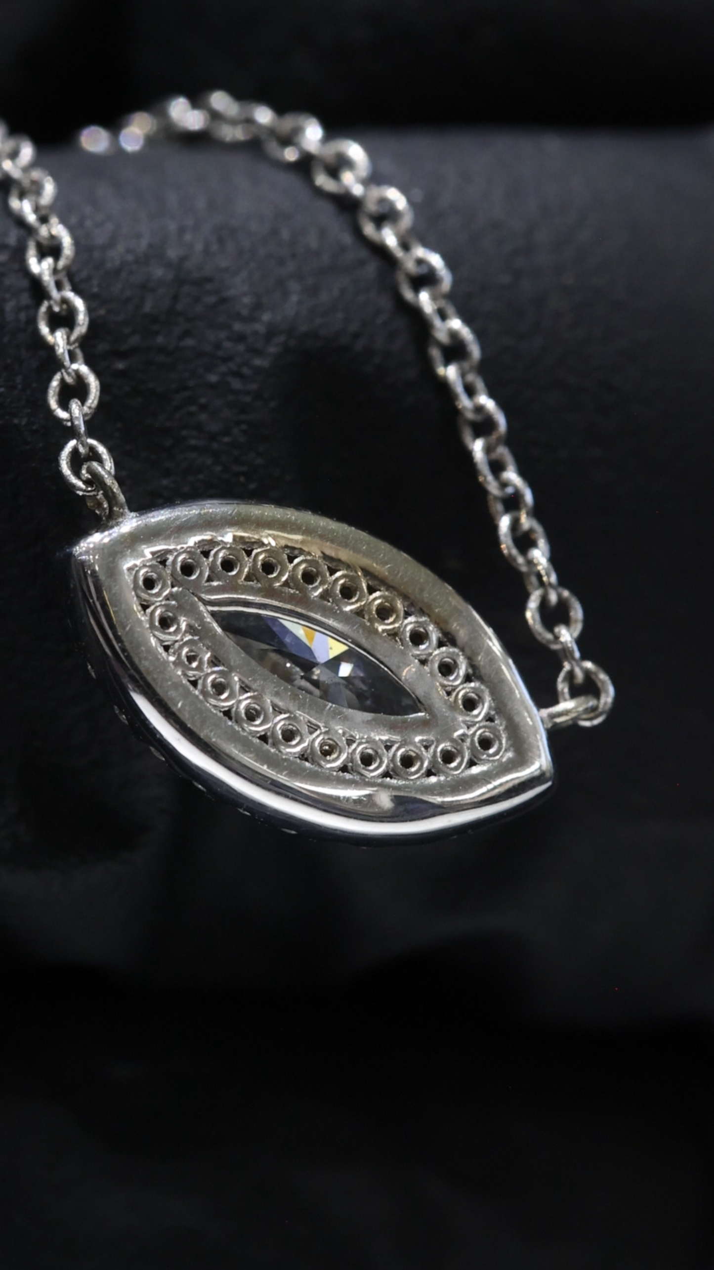 Natural Marquise Diamond Halo Necklace in White Gold | Floating Eye Design